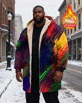Big & Tall Men's Rainbow Graffiti Print Velvet Thickened Long Hooded Coat